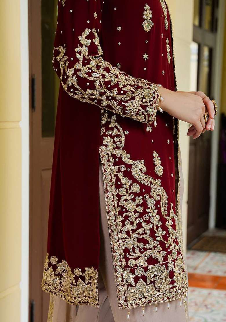 Maroon Embroidery Georgette Sharara Set - Indya