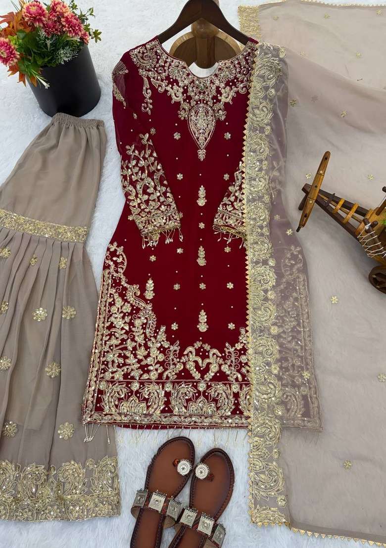 Maroon Embroidery Georgette Sharara Set - Indya