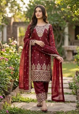 Maroon Embroidery Silk Kurta Set
