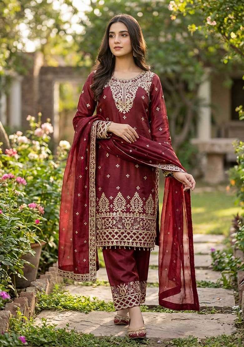 Maroon Embroidery Silk Kurta Set - Indya