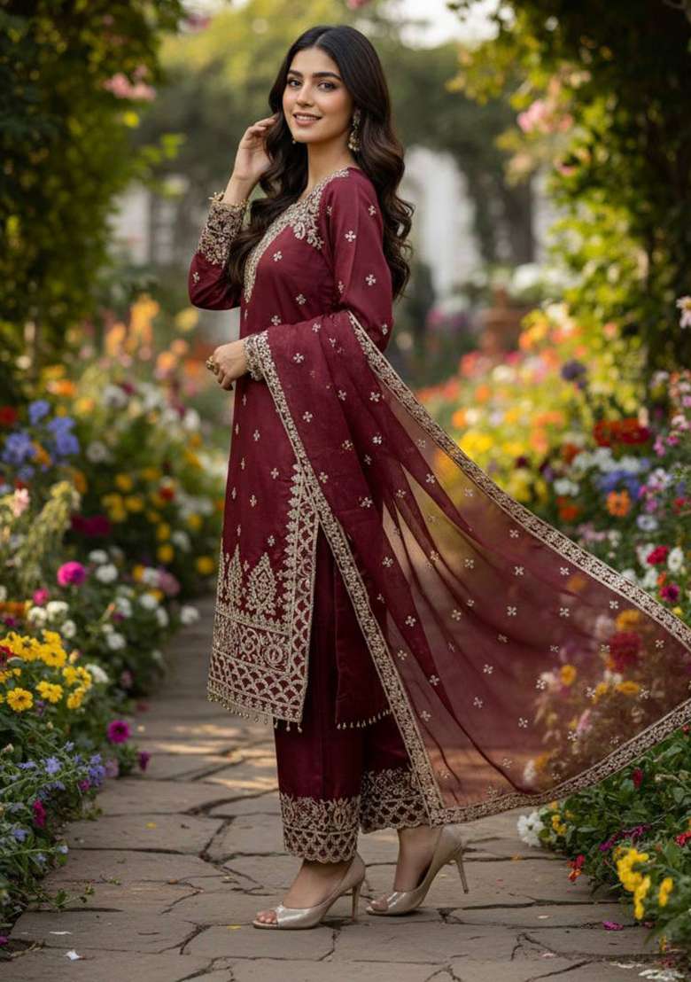 Maroon Embroidery Silk Kurta Set - Indya