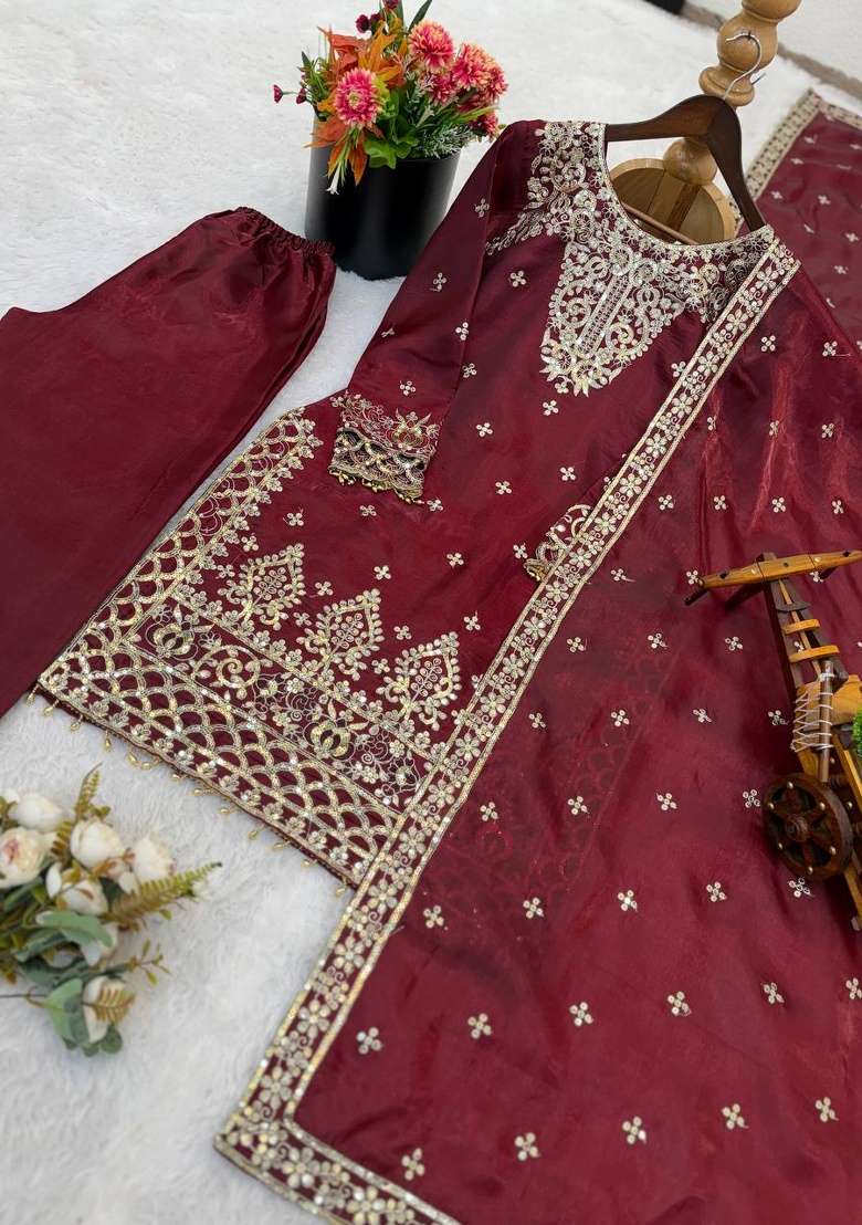 Maroon Embroidery Silk Kurta Set - Indya