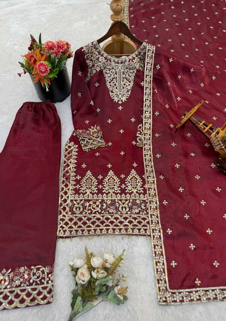 Maroon Embroidery Silk Kurta Set - Indya