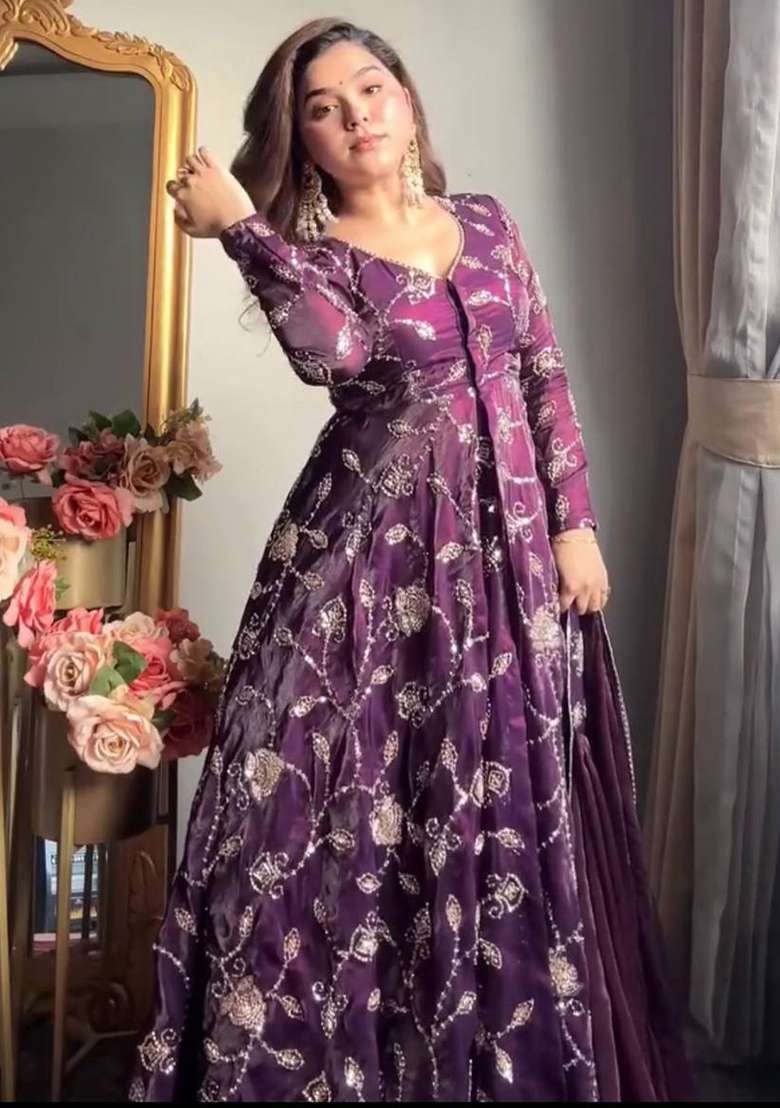 Wine Embroidery Silk Anarkali Set - Indya