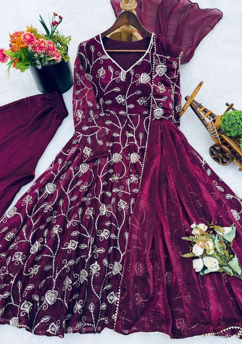Wine Embroidery Silk Anarkali Set - Indya