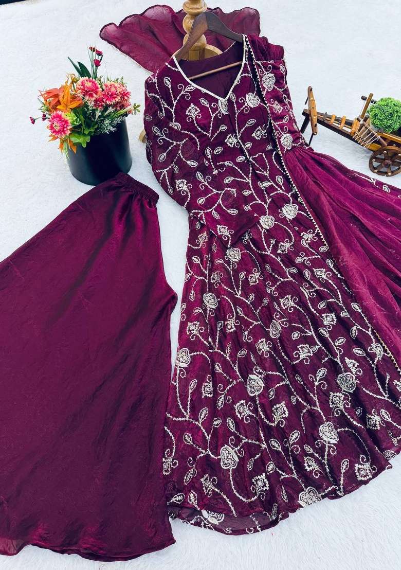 Wine Embroidery Silk Anarkali Set - Indya