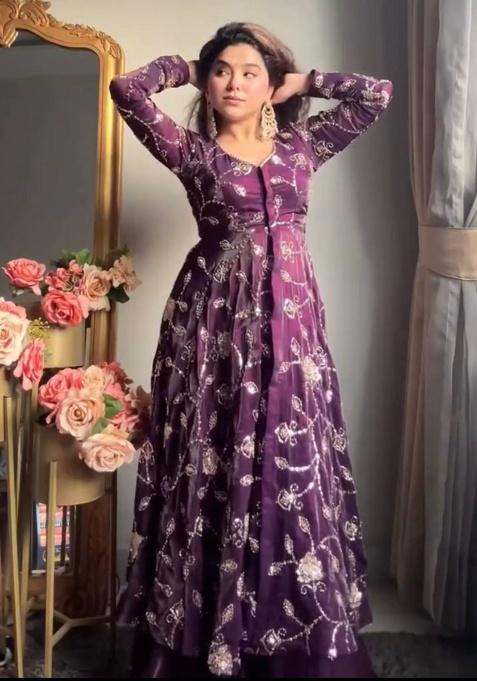 Wine Embroidery Silk Kurta Set