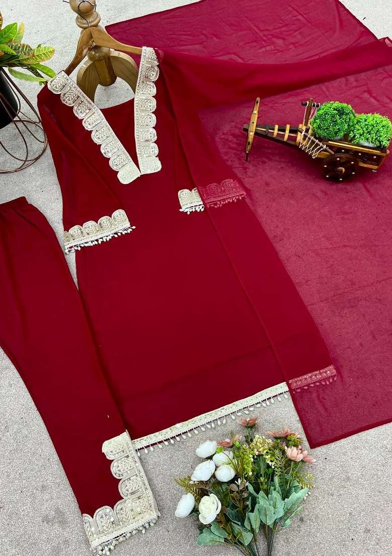 Maroon Embroidery Georgette Kurta Set - Indya