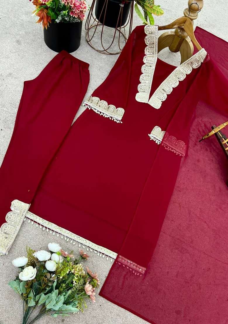 Maroon Embroidery Georgette Kurta Set - Indya