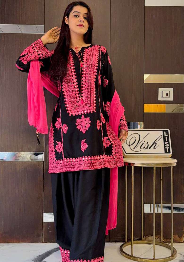 Black Embroidery Silk Kurta Set - Indya