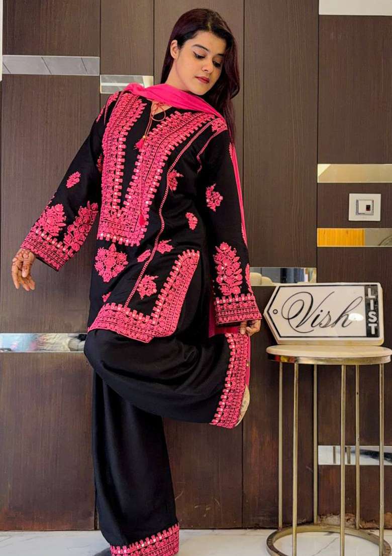 Black Embroidery Silk Kurta Set - Indya