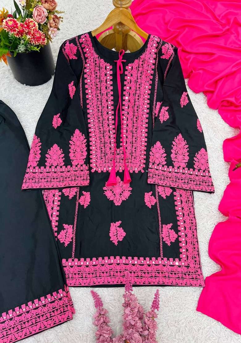 Black Embroidery Silk Kurta Set - Indya