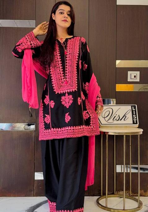 Black Embroidery Silk Kurta Set