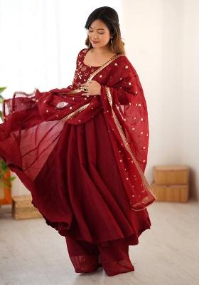 Maroon Embroidery Silk Kurta Set
