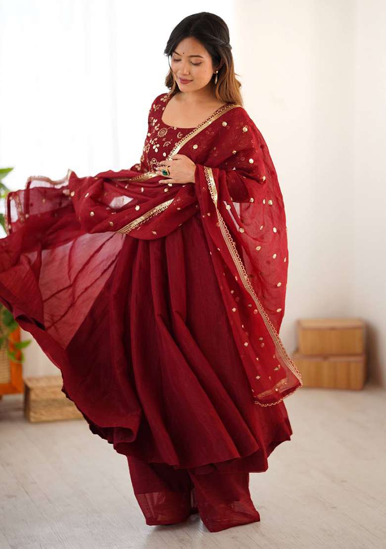 Maroon Embroidery Silk Anarkali Set - Indya