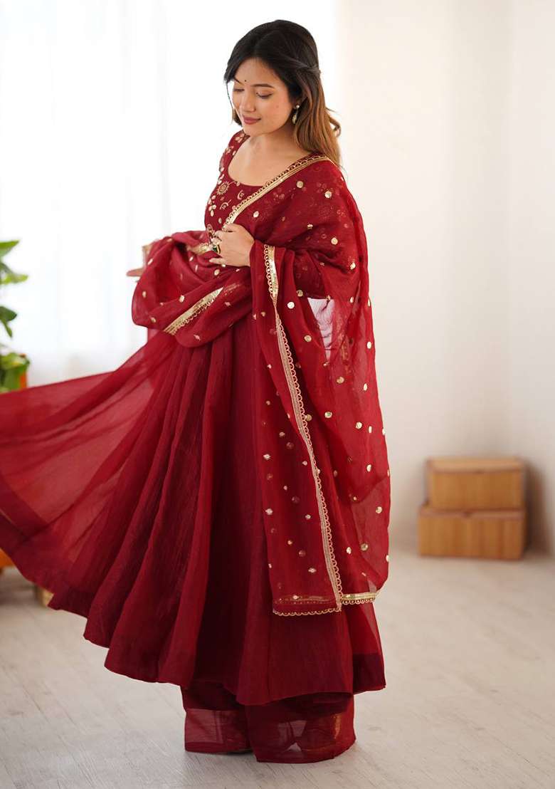 Maroon Embroidery Silk Anarkali Set - Indya