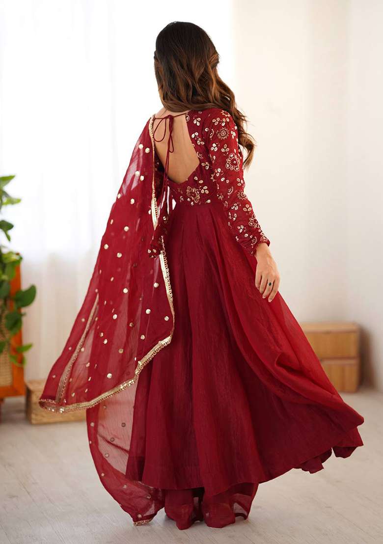 Maroon Embroidery Silk Anarkali Set - Indya