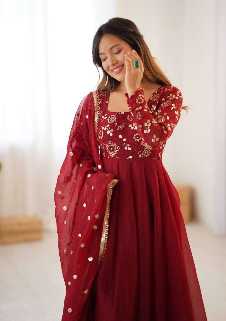 Maroon Embroidery Silk Anarkali Set - Indya