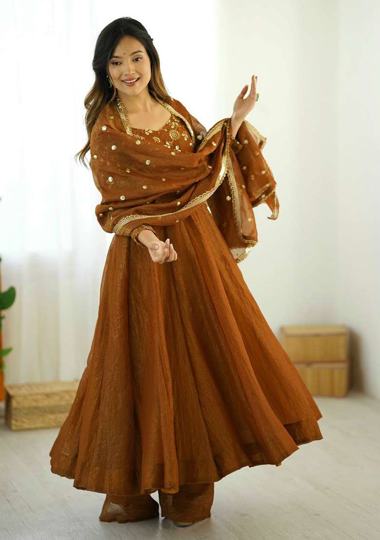 Mustard Embroidery Silk Anarkali Set - Indya