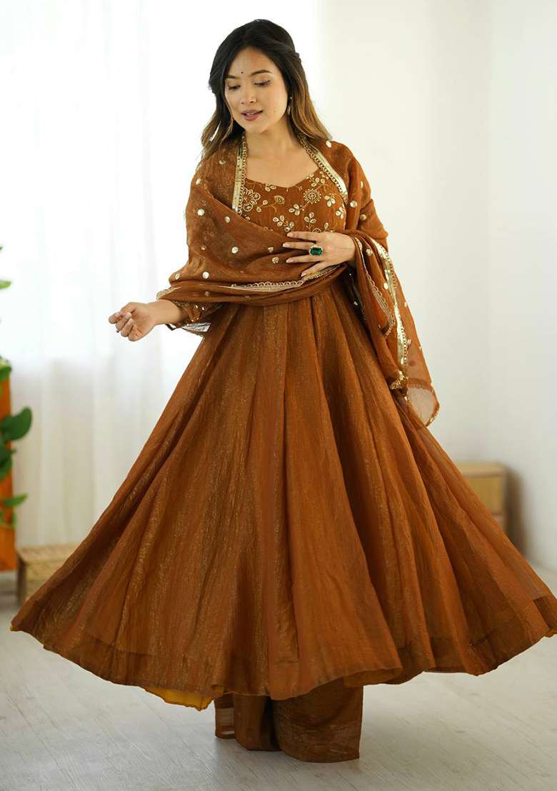 Mustard Embroidery Silk Anarkali Set - Indya
