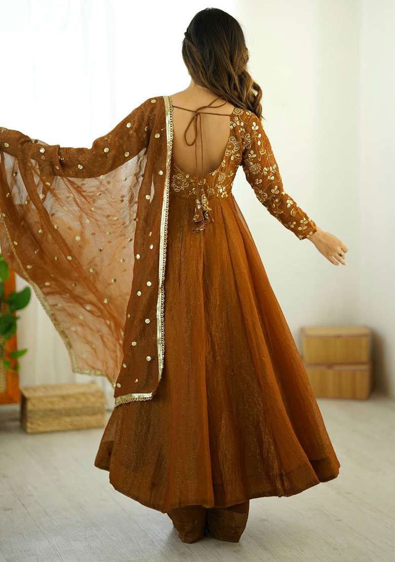 Mustard Embroidery Silk Anarkali Set - Indya