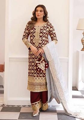 Maroon Embroidery Georgette Kurta Set