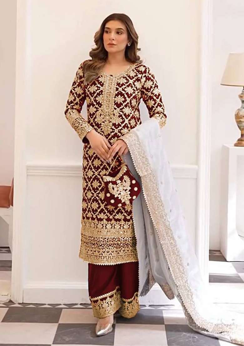 Maroon Embroidery Georgette Kurta Set - Indya
