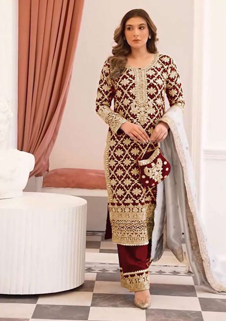 Maroon Embroidery Georgette Kurta Set - Indya
