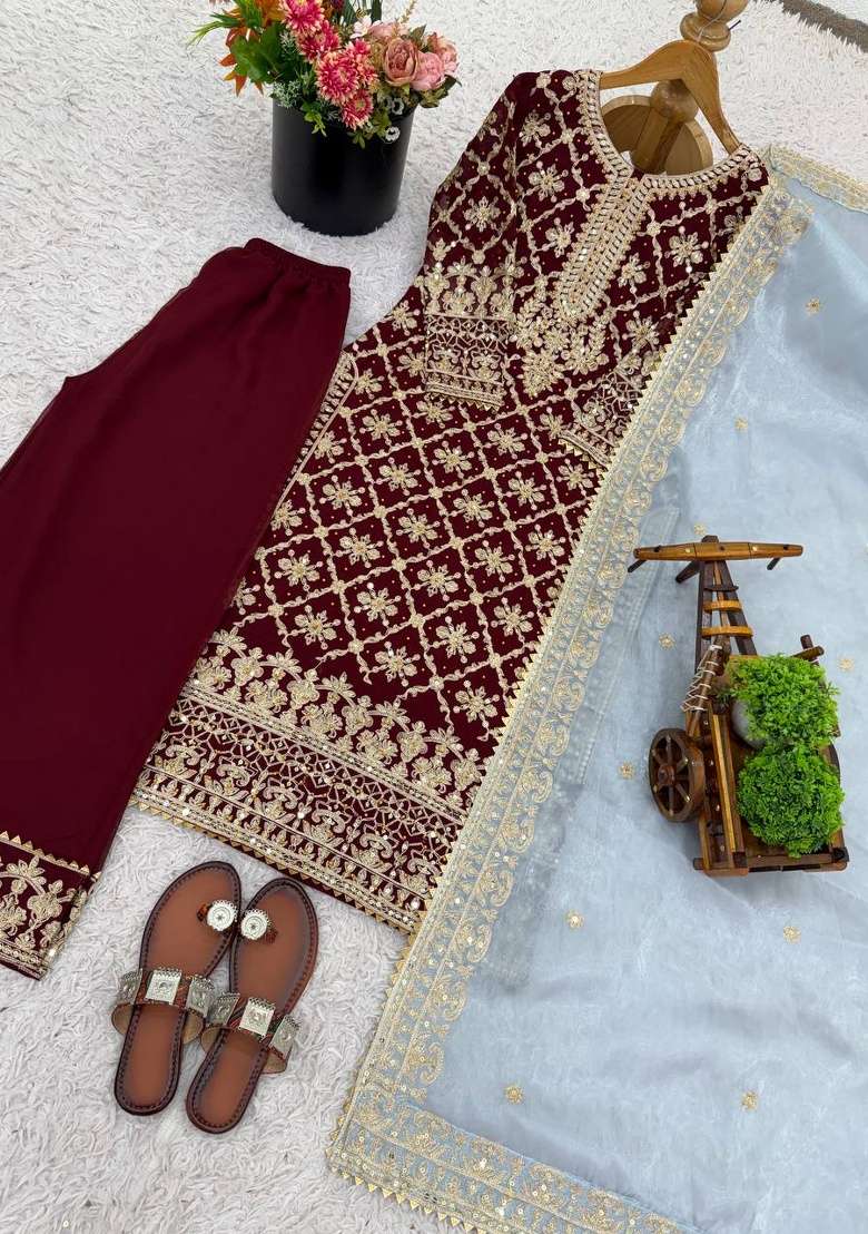 Maroon Embroidery Georgette Kurta Set - Indya