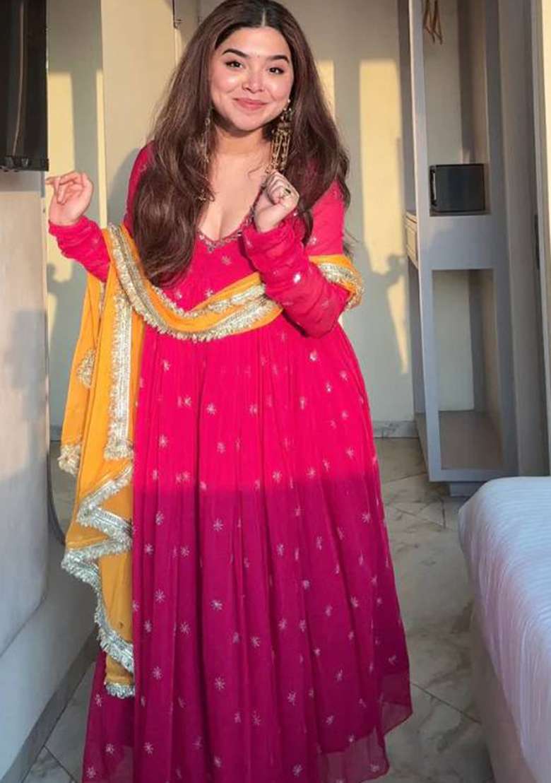 Pink Embroidery Georgette Anarkali Set - Indya