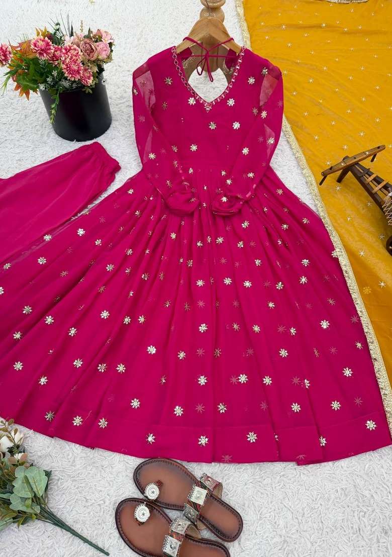 Pink Embroidery Georgette Anarkali Set - Indya