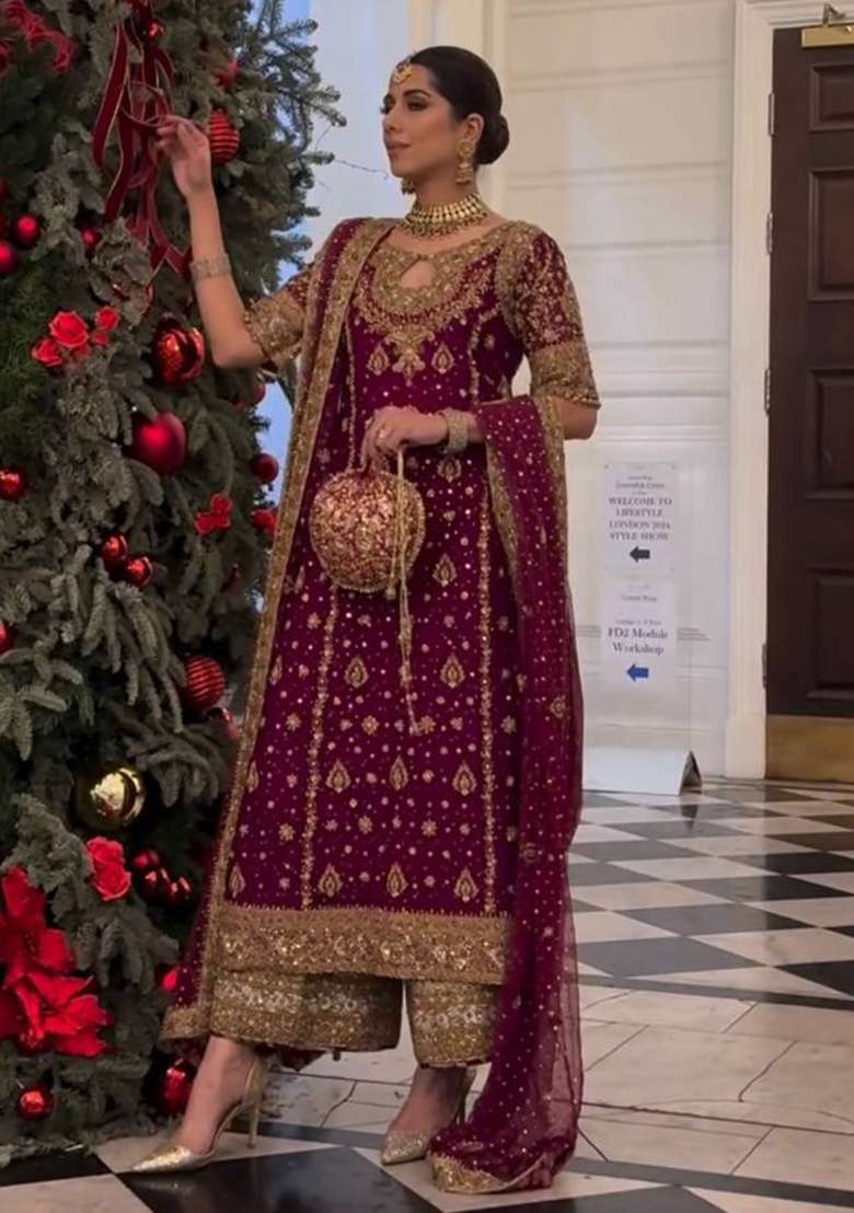 Maroon Embroidery Georgette Kurta Set - Indya