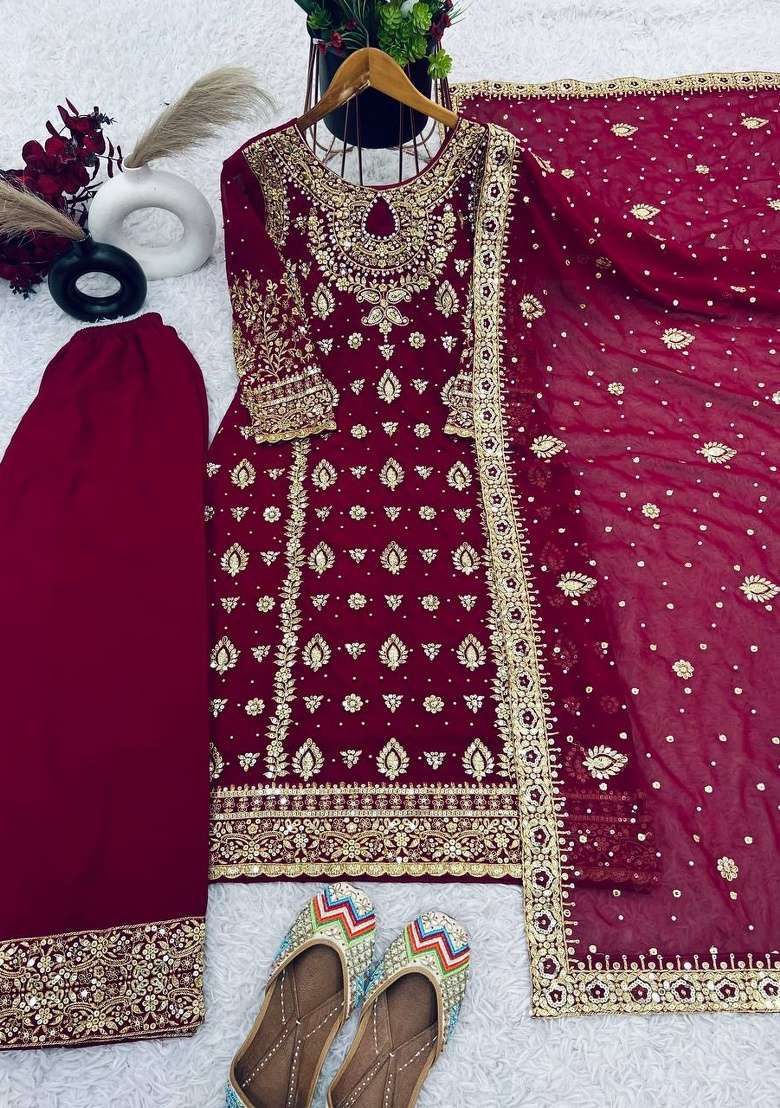 Maroon Embroidery Georgette Kurta Set - Indya