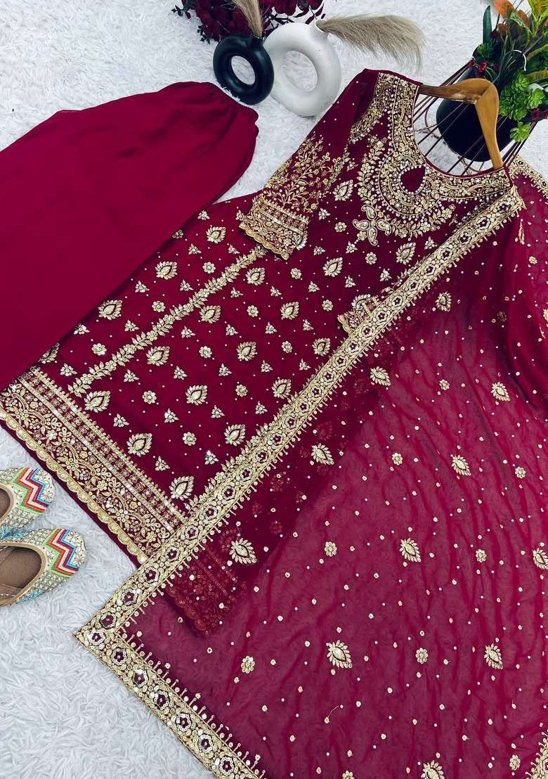Maroon Embroidery Georgette Kurta Set - Indya