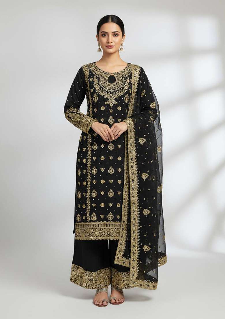 Black Embroidery Georgette Kurta Set - Indya
