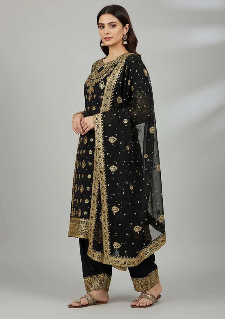 Black Embroidery Georgette Kurta Set - Indya