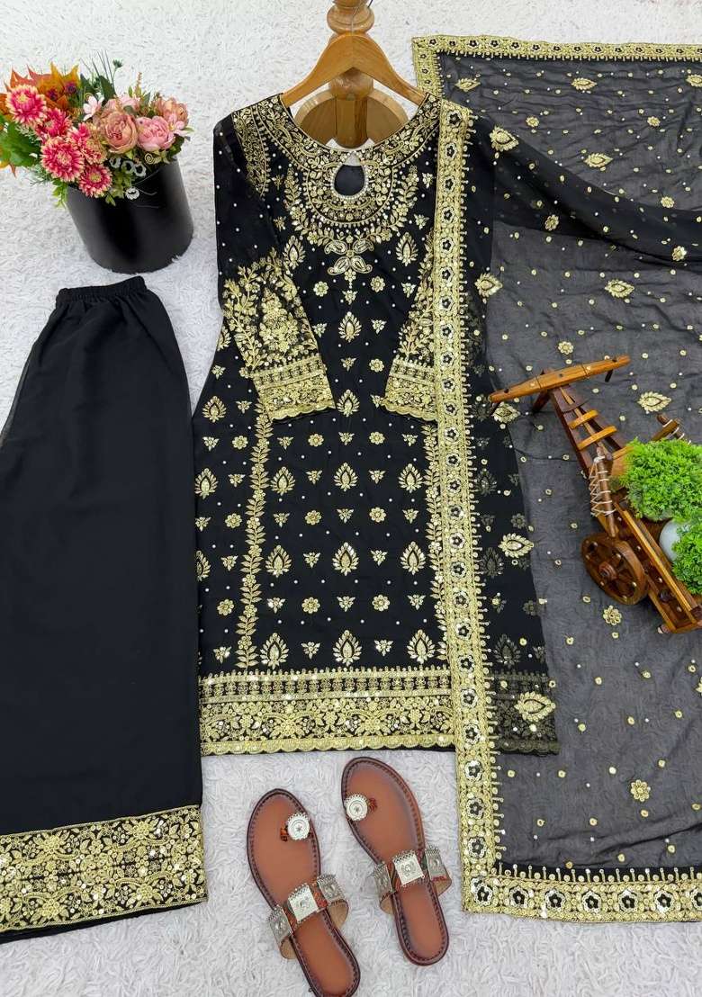 Black Embroidery Georgette Kurta Set - Indya