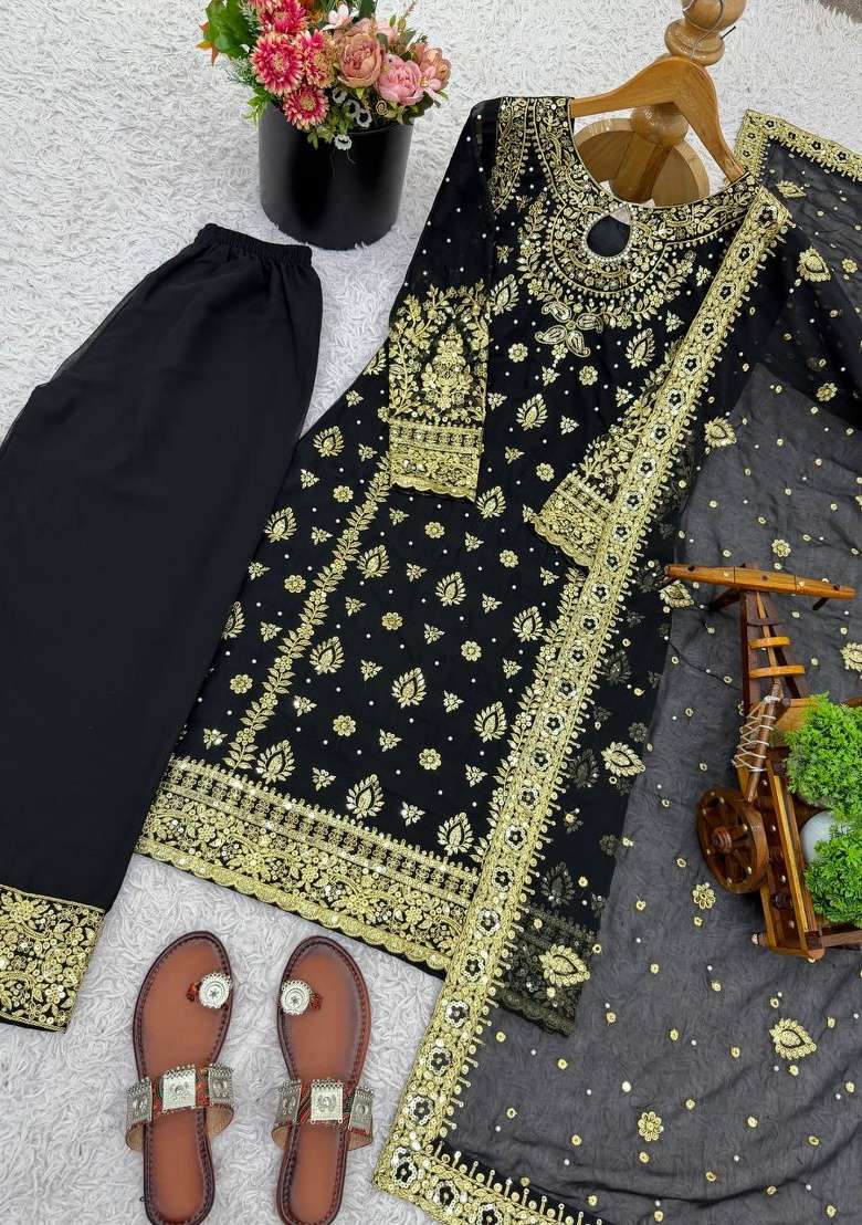 Black Embroidery Georgette Kurta Set - Indya