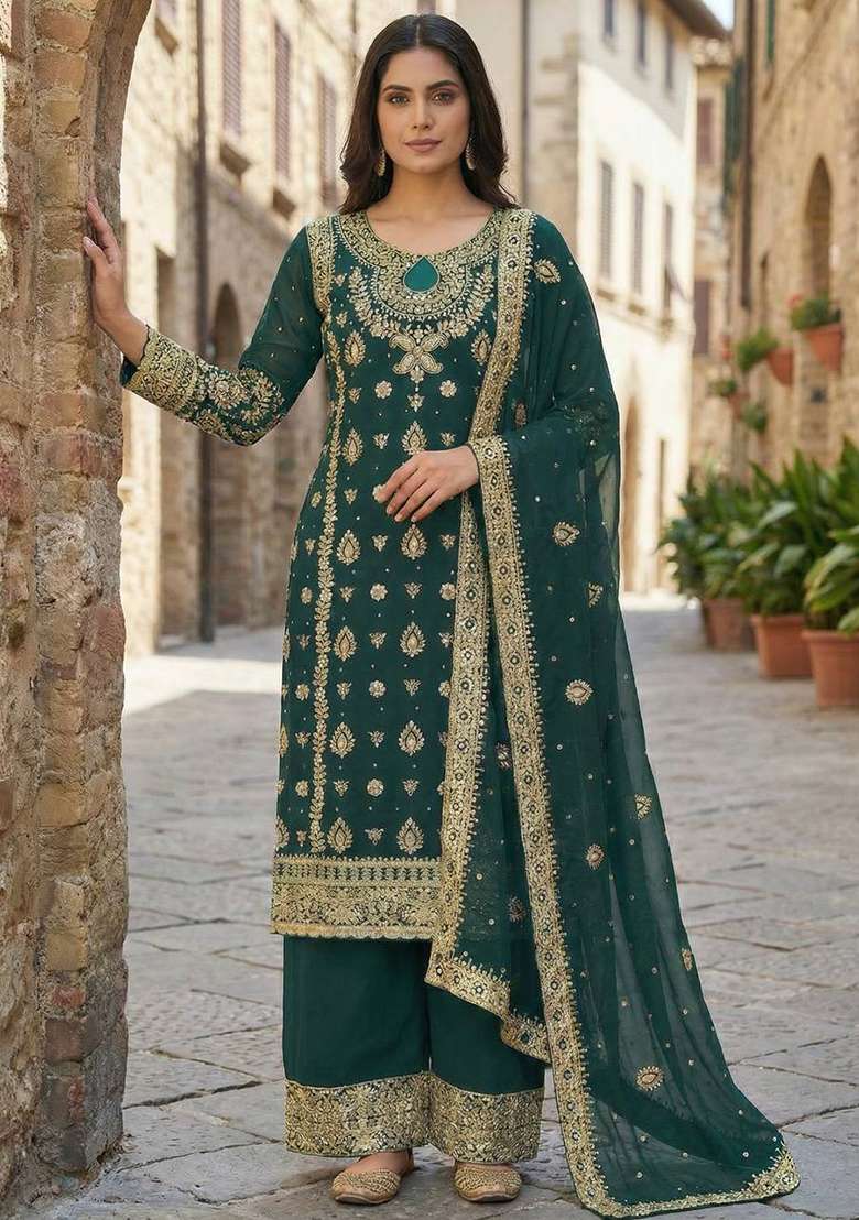 Green Embroidery Georgette Kurta Set - Indya