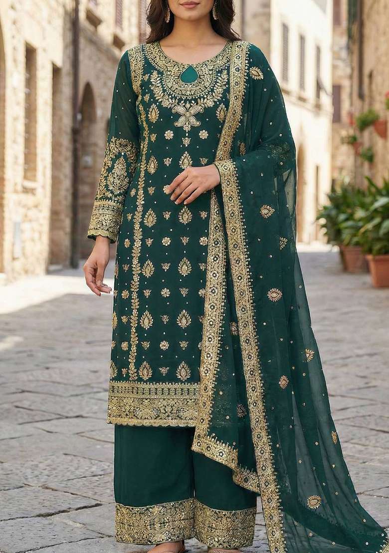 Green Embroidery Georgette Kurta Set - Indya
