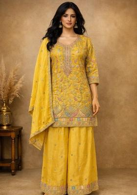 Yellow Embroidery Silk Kurta Set