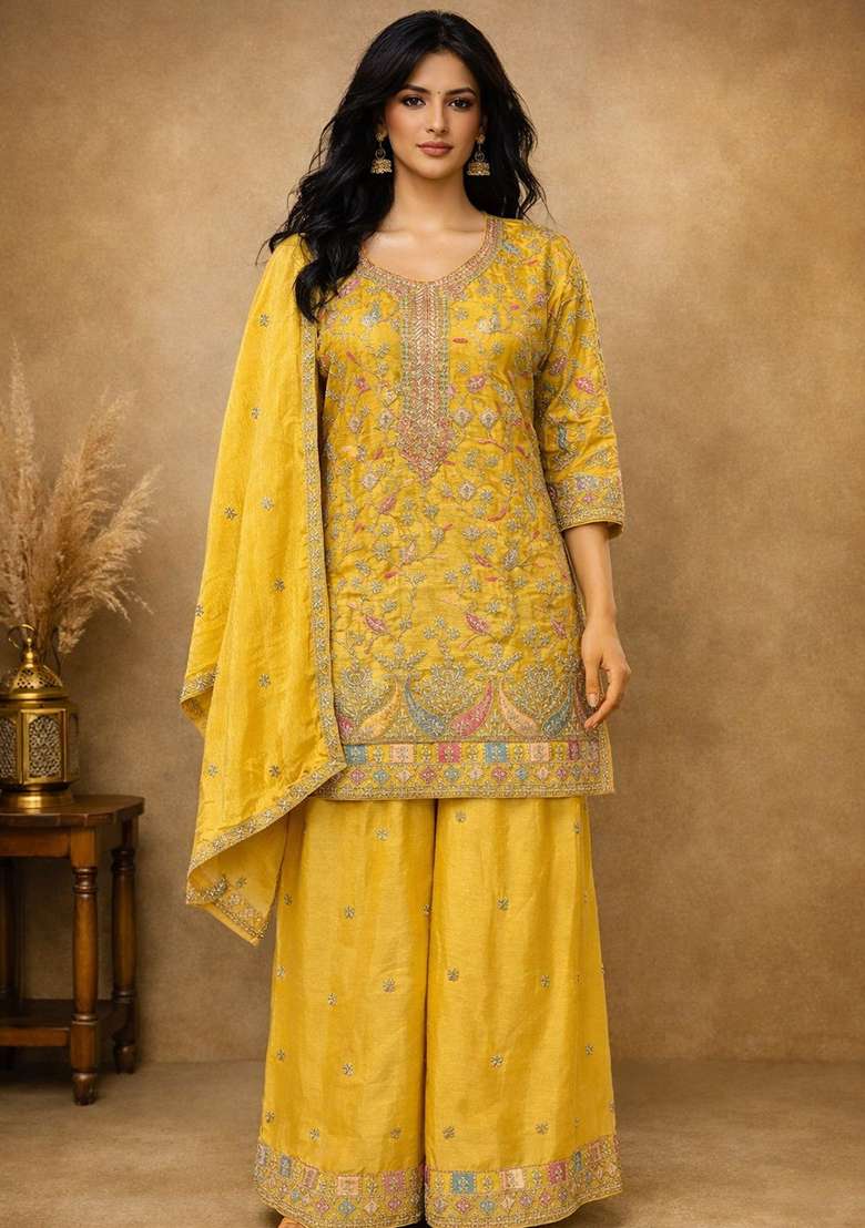 Yellow Embroidery Silk Blend Kurta Set - Indya