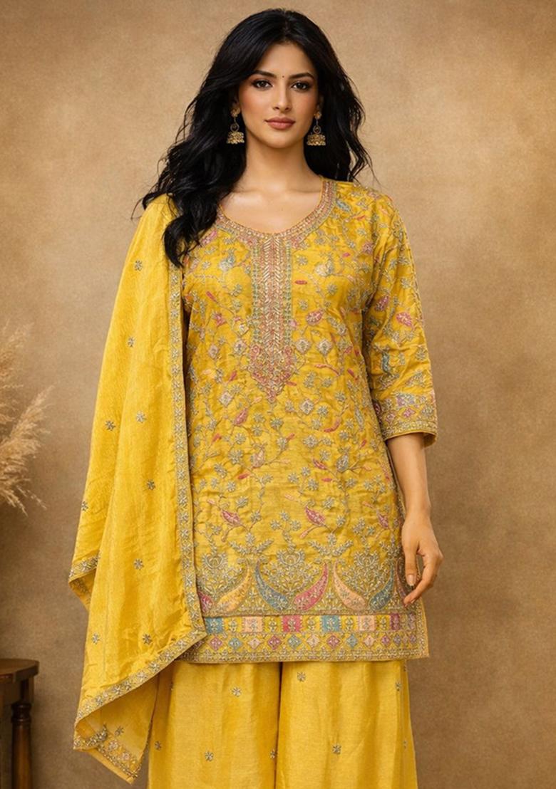 Yellow Embroidery Silk Kurta Set - Indya