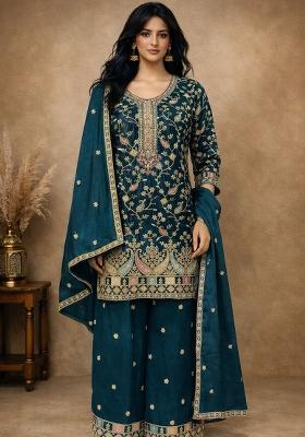 Teal Blue Embroidery Silk Kurta Set
