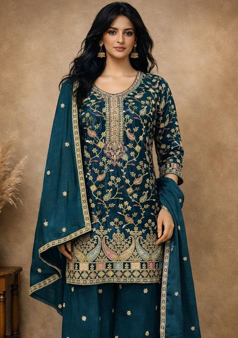 Teal Blue Embroidery Silk Kurta Set - Indya