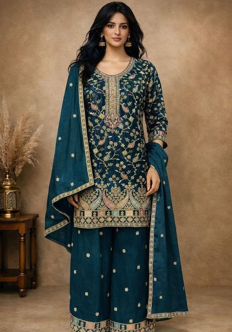Teal Blue Embroidery Silk Kurta Set
