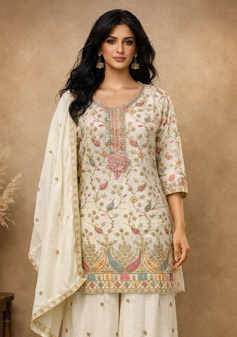 White Embroidery Silk Kurta Set - Indya