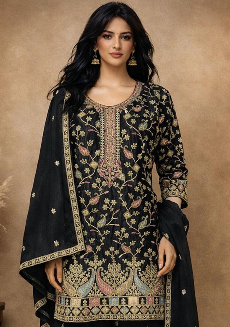 Black Embroidery Silk Kurta Set - Indya