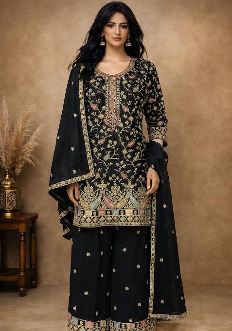 Black Embroidery Silk Kurta Set