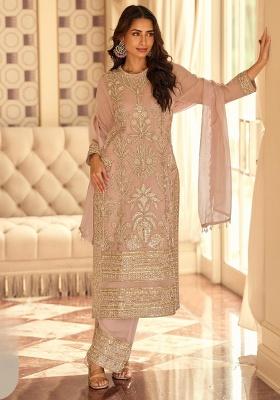 Peach Embroidery Georgette Kurta Set